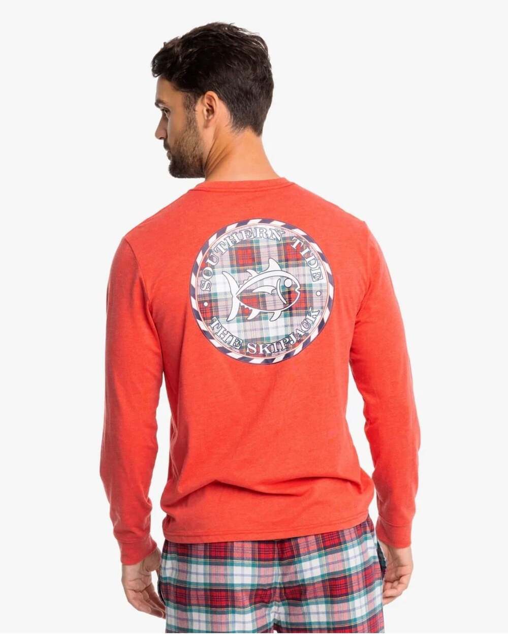 Southern Tide Men’s Plaid SJ Medallion Heather Long Sleeve Tee S Red